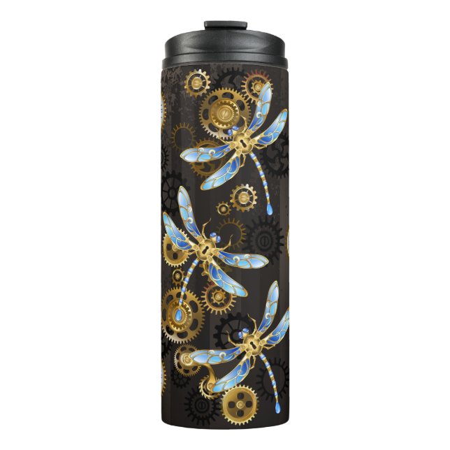 Steampunkdrachenfliegen auf braunem, gestreiften H Thermosbecher (Vorderseite)