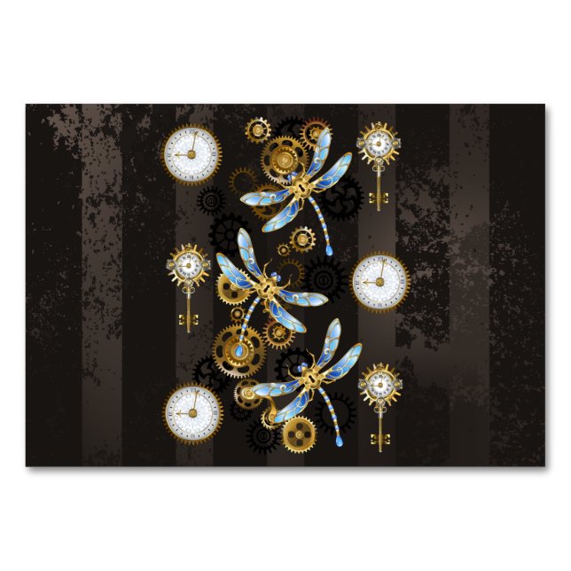 Steampunkdrachenfliegen auf braunem, gestreiften H Tischnummer (Vorderseite)