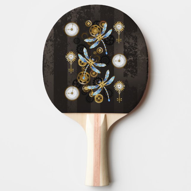 Steampunkdrachenfliegen auf braunem, gestreiften H Tischtennis Schläger (Vorderseite)