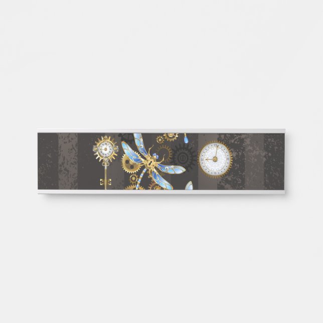 Steampunkdrachenfliegen auf braunem, gestreiften H Türschild (Vorderseite )