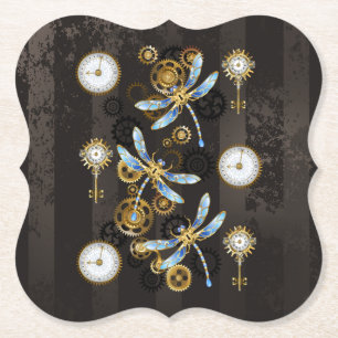 Steampunkdrachenfliegen auf braunem, gestreiften H Untersetzer