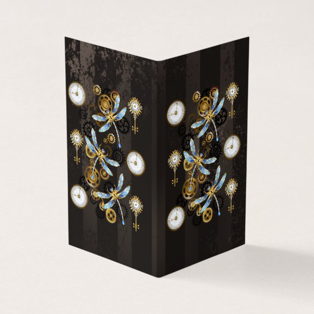 Steampunkdrachenfliegen auf braunem, gestreiften H Visitenkarten (Vorderseite)