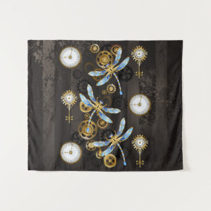 Steampunkdrachenfliegen auf braunem, gestreiften H Wandteppich