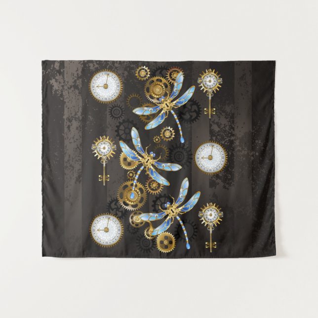 Steampunkdrachenfliegen auf braunem, gestreiften H Wandteppich (Vorderseite (Horizontal))
