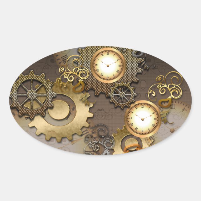 Steampunken, Uhren und Gänge Ovaler Aufkleber (Vorderseite)