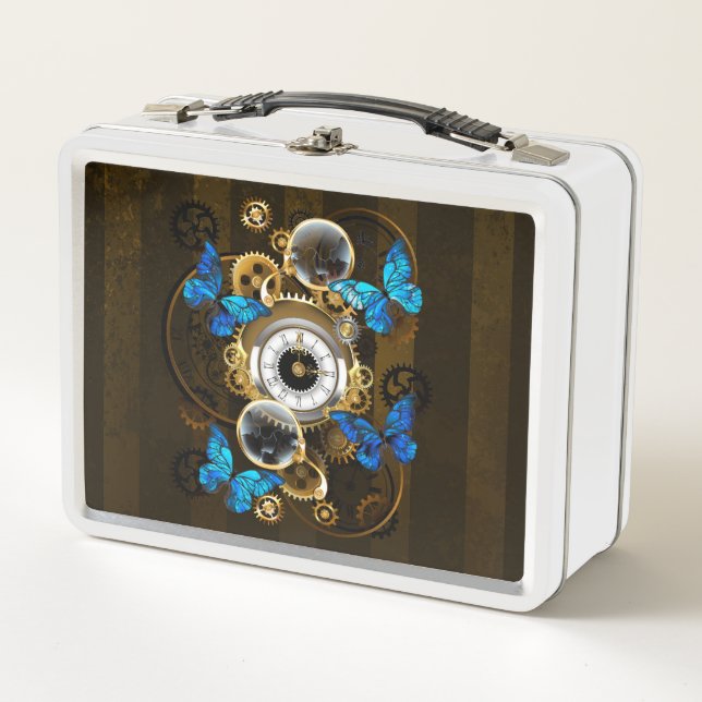 Steampunker und Blauer Schmetterling Metall Brotdose (Vorderseite)