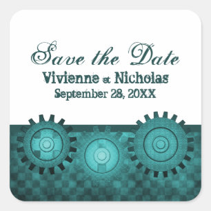 Steampunkgears Save the Date Stickers, Aquamarin Quadratischer Aufkleber