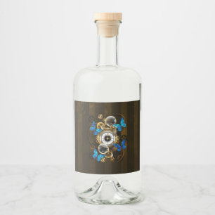 Steampunkgeere und blaue Schmetterlinge Alkoholflaschenetikett