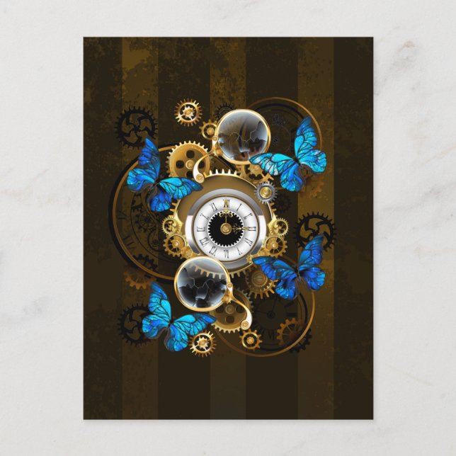 Steampunkgeere und blaue Schmetterlinge Ankündigungspostkarte (Vorderseite)