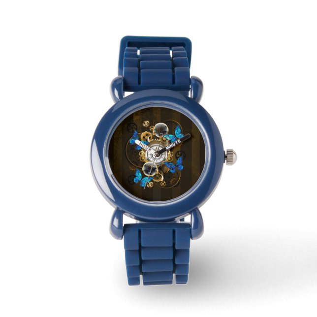 Steampunkgeere und blaue Schmetterlinge Armbanduhr (Vorderseite)