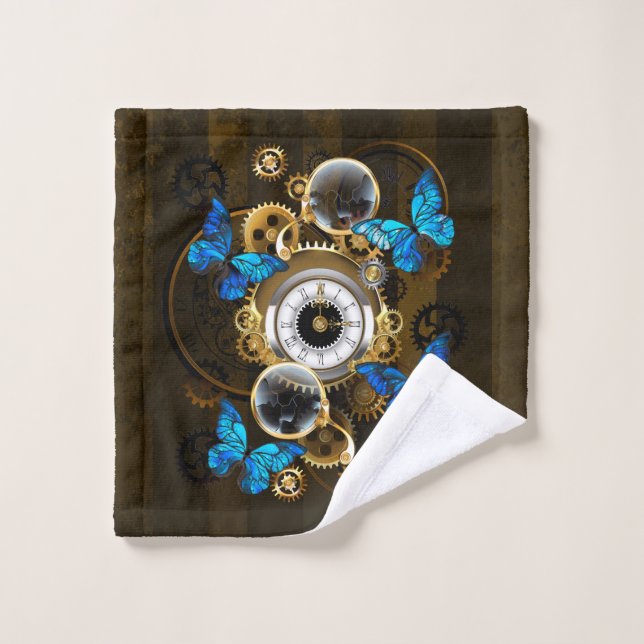 Steampunkgeere und blaue Schmetterlinge Badhandtuch Set (Waschlappen)