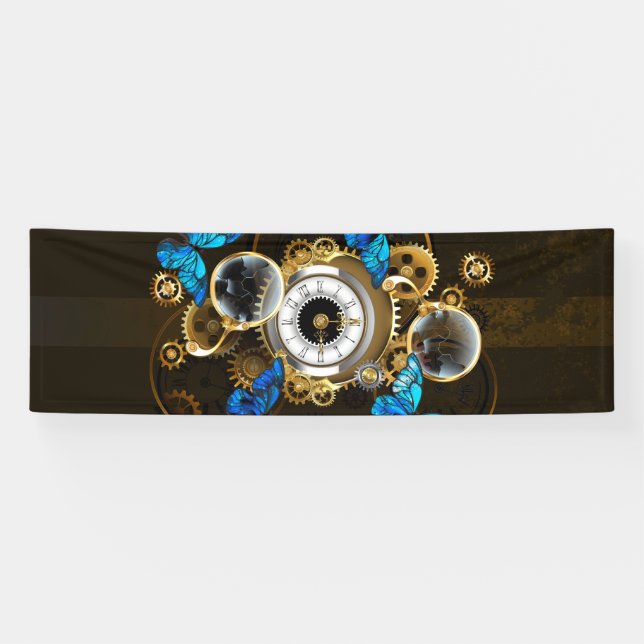 Steampunkgeere und blaue Schmetterlinge Banner (Horizontal)