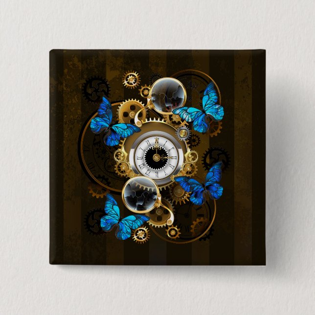 Steampunkgeere und blaue Schmetterlinge Button (Vorderseite)