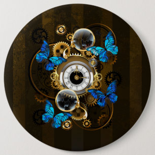 Steampunkgeere und blaue Schmetterlinge Button