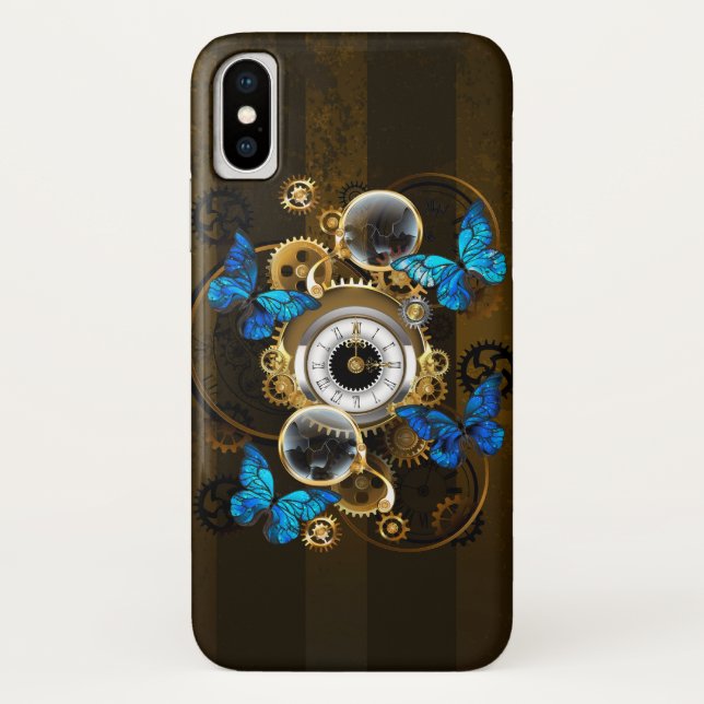 Steampunkgeere und blaue Schmetterlinge Case-Mate iPhone Hülle (Rückseite)