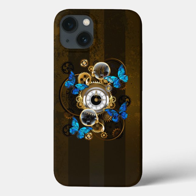 Steampunkgeere und blaue Schmetterlinge Case-Mate iPhone Hülle (Rückseite)