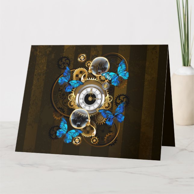 Steampunkgeere und blaue Schmetterlinge Dankeskarte (Vorderseite)