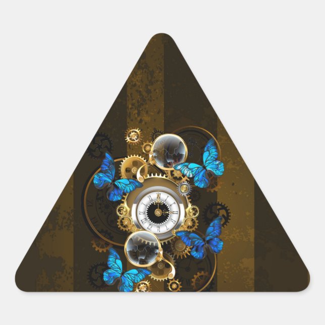 Steampunkgeere und blaue Schmetterlinge Dreieckiger Aufkleber (Vorderseite)