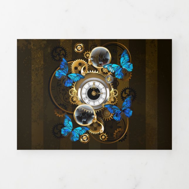 Steampunkgeere und blaue Schmetterlinge Dreifach Gefaltete Ankündigung (Cover)