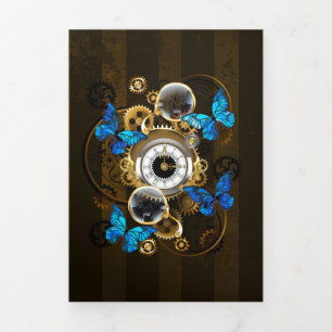 Steampunkgeere und blaue Schmetterlinge Dreifach Gefaltete Einladung