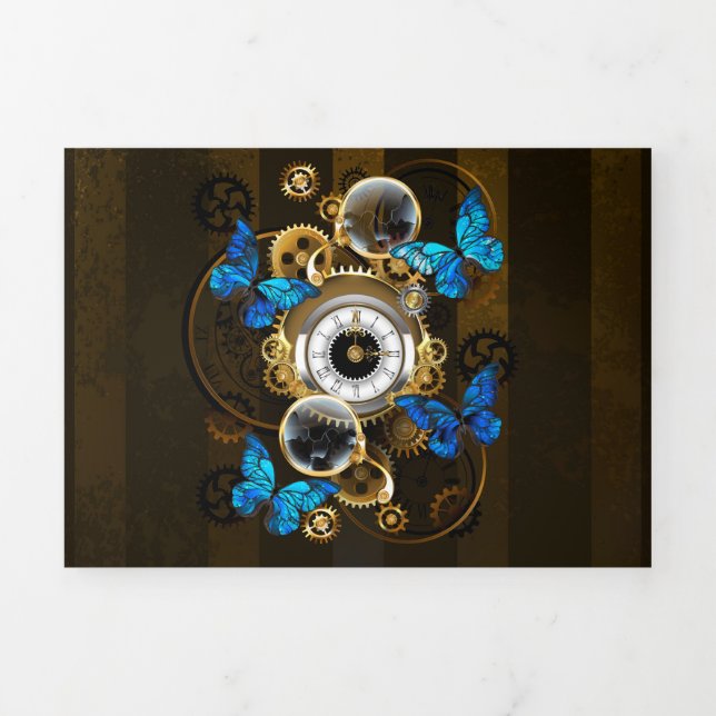 Steampunkgeere und blaue Schmetterlinge Dreifach Gefaltete Karte (Cover)