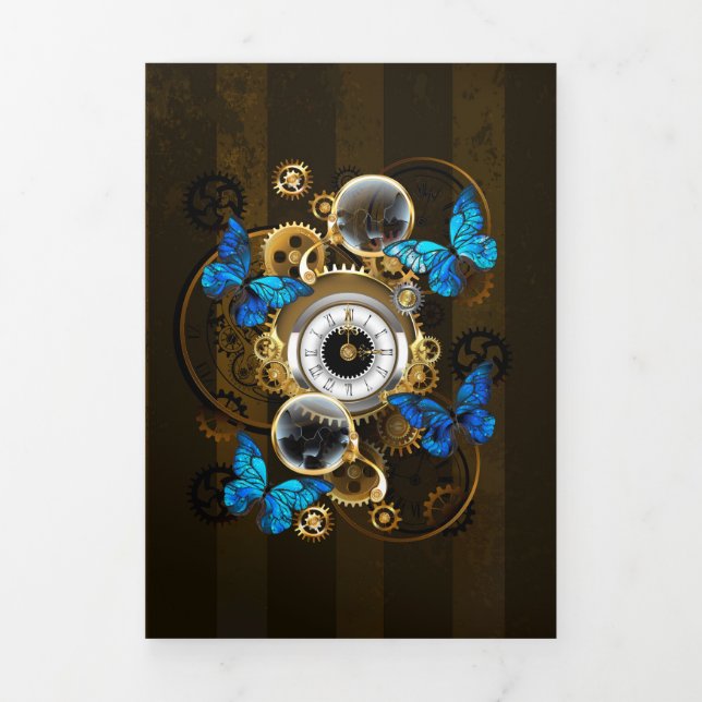 Steampunkgeere und blaue Schmetterlinge Dreifach Gefaltete Karte (Cover)