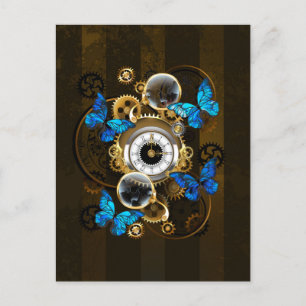 Steampunkgeere und blaue Schmetterlinge Einladungspostkarte
