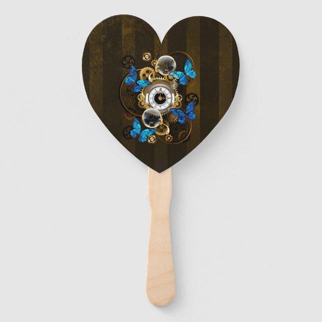 Steampunkgeere und blaue Schmetterlinge Fächer (Vorderseite)