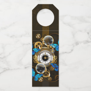 Steampunkgeere und blaue Schmetterlinge Flaschenanhänger