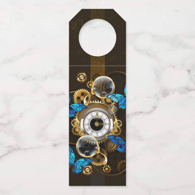 Steampunkgeere und blaue Schmetterlinge Flaschenanhänger (Vorderseite)