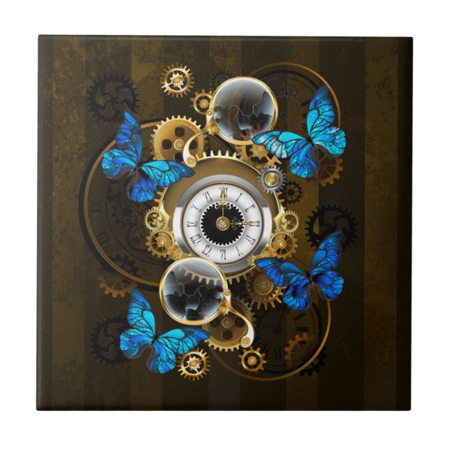 Steampunkgeere und blaue Schmetterlinge Fliese (Vorderseite)