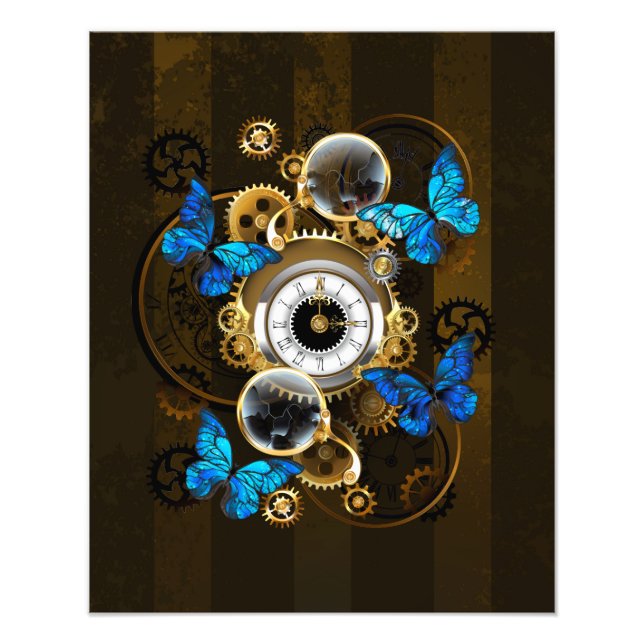 Steampunkgeere und blaue Schmetterlinge Fotodruck (Vorne)