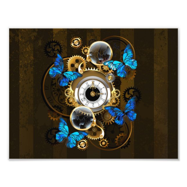 Steampunkgeere und blaue Schmetterlinge Fotodruck (Vorne)
