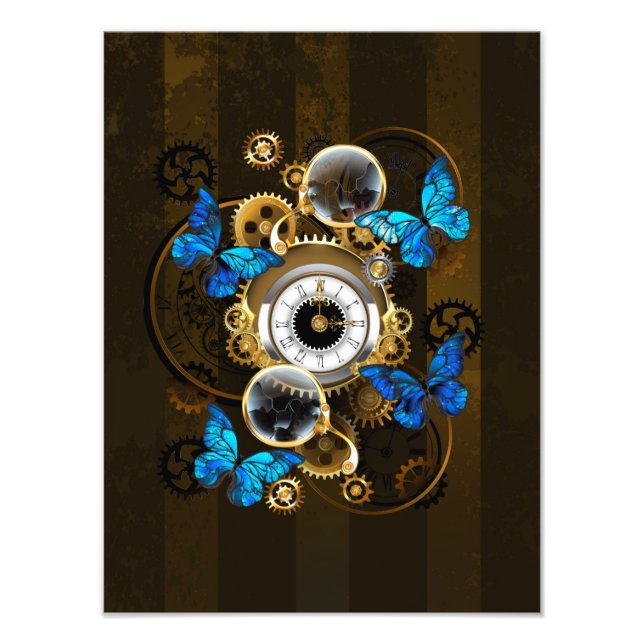 Steampunkgeere und blaue Schmetterlinge Fotodruck (Vorne)