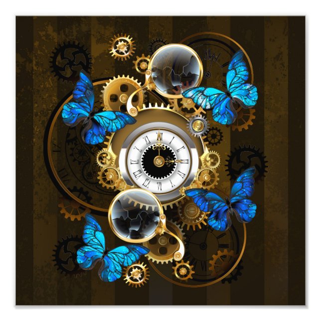 Steampunkgeere und blaue Schmetterlinge Fotodruck (Vorne)