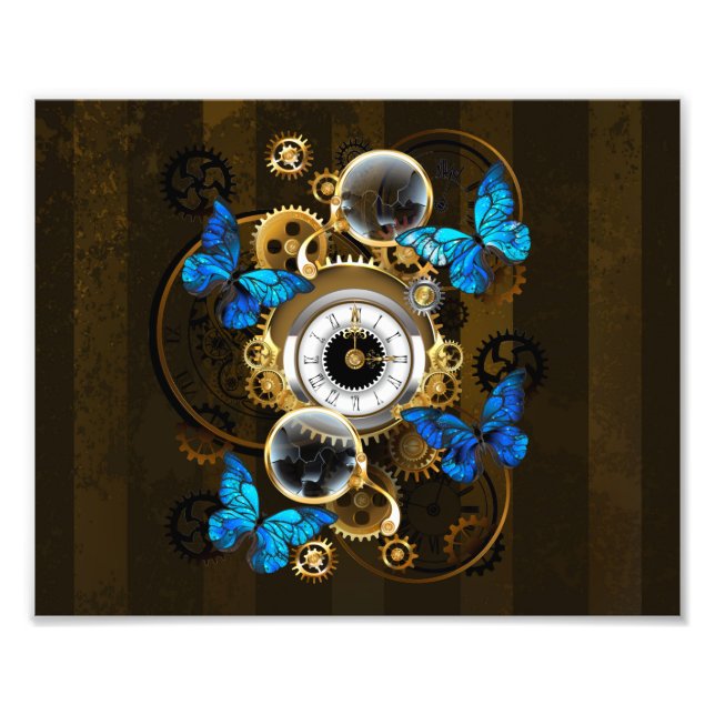 Steampunkgeere und blaue Schmetterlinge Fotodruck (Vorne)