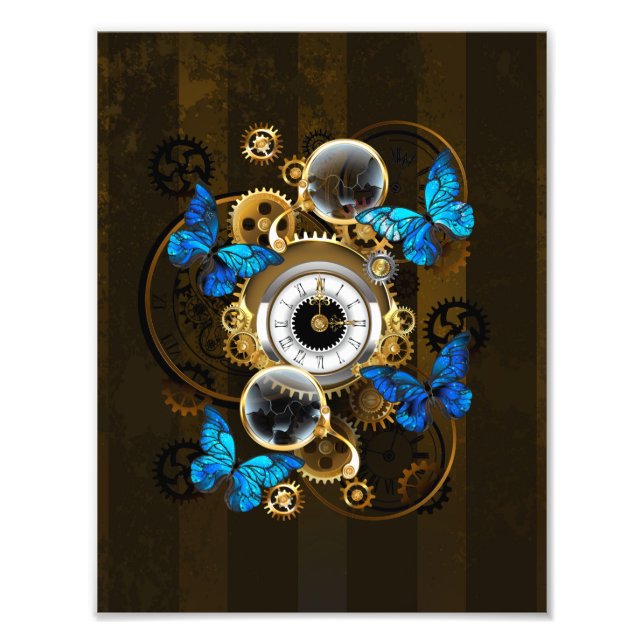 Steampunkgeere und blaue Schmetterlinge Fotodruck (Vorne)
