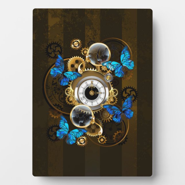 Steampunkgeere und blaue Schmetterlinge Fotoplatte (Vorderseite)