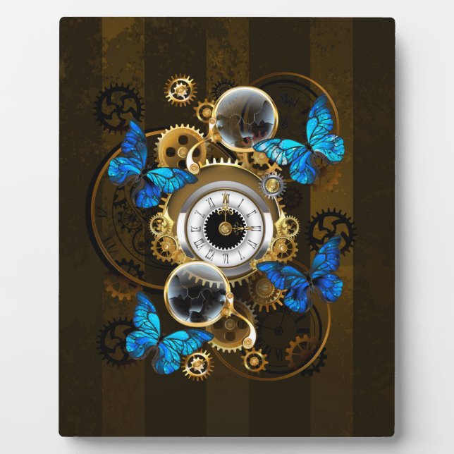 Steampunkgeere und blaue Schmetterlinge Fotoplatte (Vorderseite)