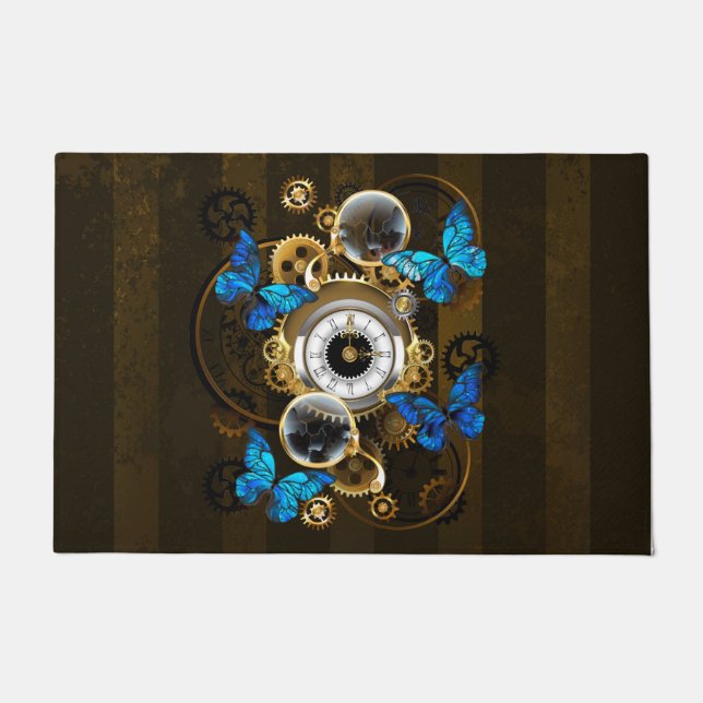 Steampunkgeere und blaue Schmetterlinge Fußmatte (Vorderseite)