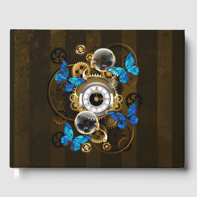 Steampunkgeere und blaue Schmetterlinge Gästebuch (Vorderseite)