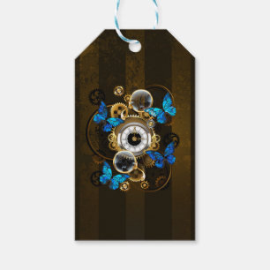 Steampunkgeere und blaue Schmetterlinge Geschenkanhänger