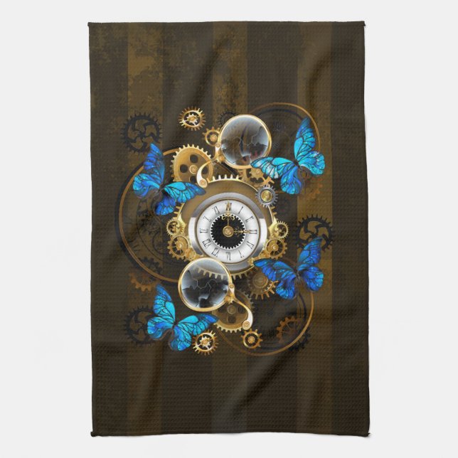 Steampunkgeere und blaue Schmetterlinge Geschirrtuch (Vertikal)