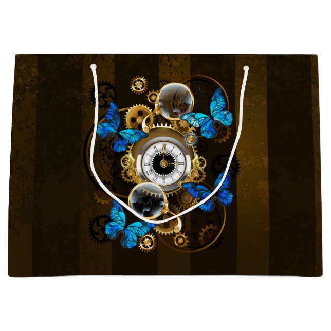 Steampunkgeere und blaue Schmetterlinge Große Geschenktüte (Vorderseite)