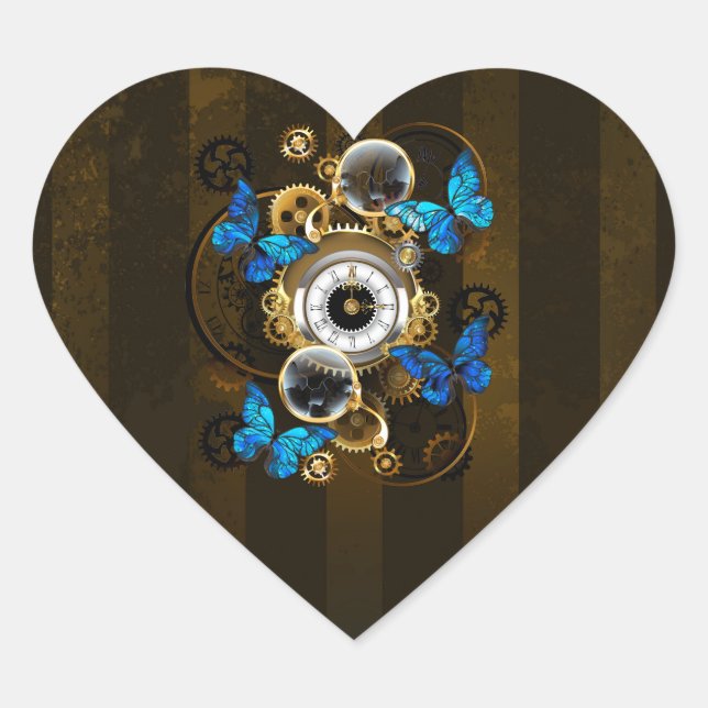 Steampunkgeere und blaue Schmetterlinge Herz-Aufkleber (Vorderseite)