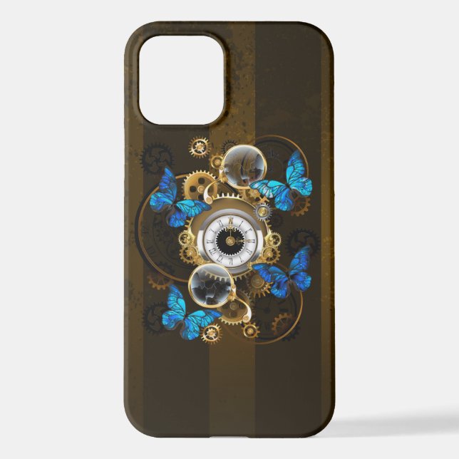 Steampunkgeere und blaue Schmetterlinge iPhone 12 Hülle (Rückseite)