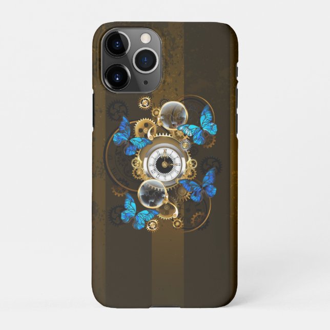 Steampunkgeere und blaue Schmetterlinge iPhone Hülle (Rückseite)