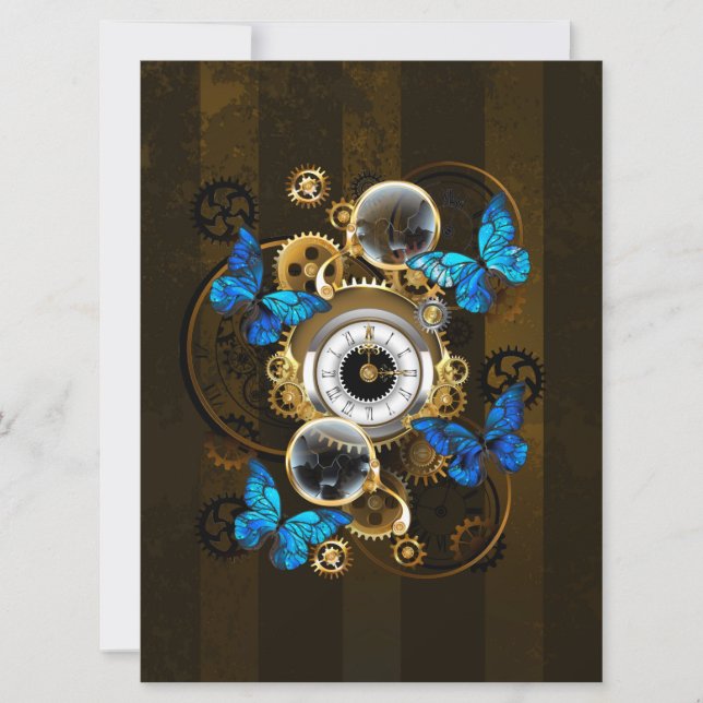 Steampunkgeere und blaue Schmetterlinge Karte (Vorderseite)