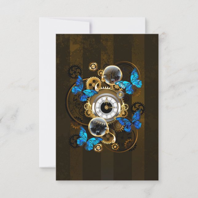 Steampunkgeere und blaue Schmetterlinge Karte (Vorderseite)
