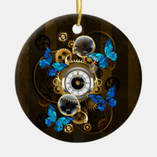 Steampunkgeere und blaue Schmetterlinge Keramik Ornament